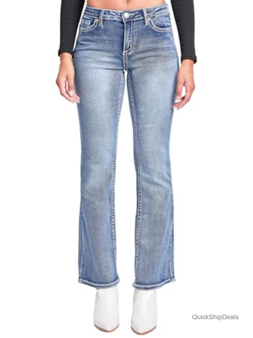 Women's Mid Rise Embroidered Bootcut Jeans Heavy Stitch Classic Fit